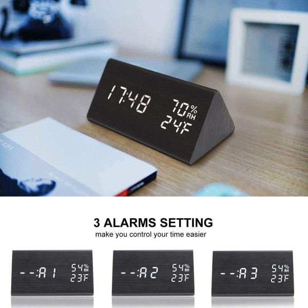 Digital väckarklocka, med elektronisk LED-tidsdisplay i trä, 3