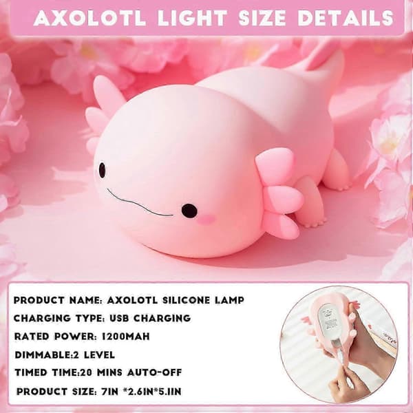 Sød USB-genopladelig Axolotl-natlampe i silikone til børn, touch-styret sengelampe til børneværelset og søvn, perfekt gave til børn