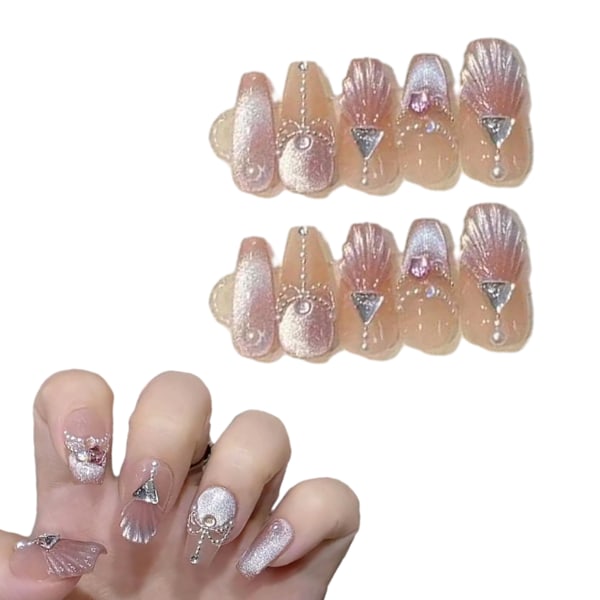 Langt trykk på negl Medium Coffin Nail Art med 3D luksusdesign Gjenbrukbare falske negler 10 stk med tilhørende neglekit 4 størrelser