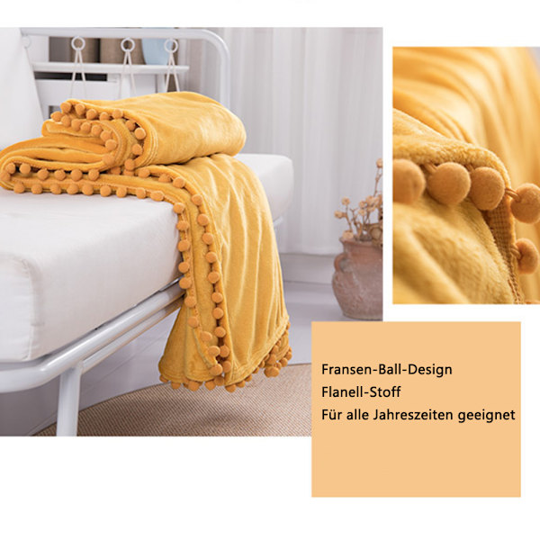 Flannel tæppe med pompon frynser letvægts hyggeligt sengetæppe blødt tæppe til sofa sofa egnet til alle årstider sennepsgul ca.
