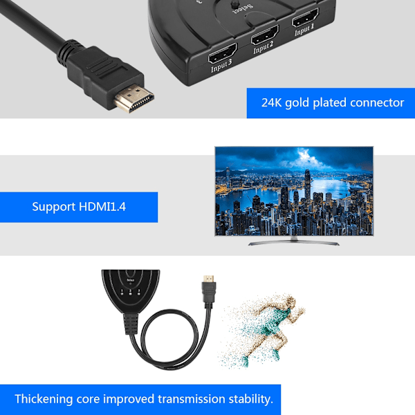 1080P-videokytkentäkytkinjakaja HDMI 3 sisään 1 ulos jaettu signaaliadapterimuunnin kaapeli