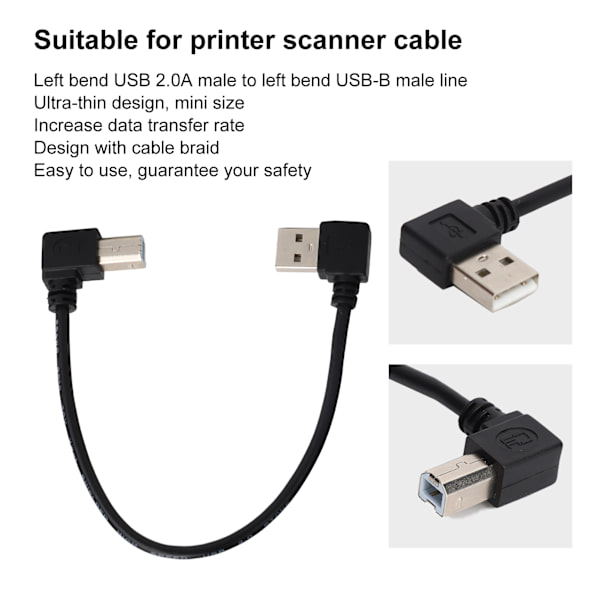 20cm Printer Scanner Kabel USBA Venstre Bøjning Han til USBB Venstre Bøjning Han Sort Linje