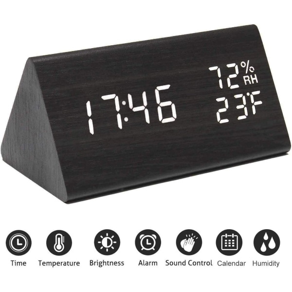 Digital väckarklocka, med elektronisk LED-tidsdisplay i trä, 3