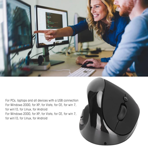Vänsterhänt vertikal mus 2.4G trådlös vertikal ergonomisk mus laddningsbar mus med USB-adapter justerbar DPI för PC svart