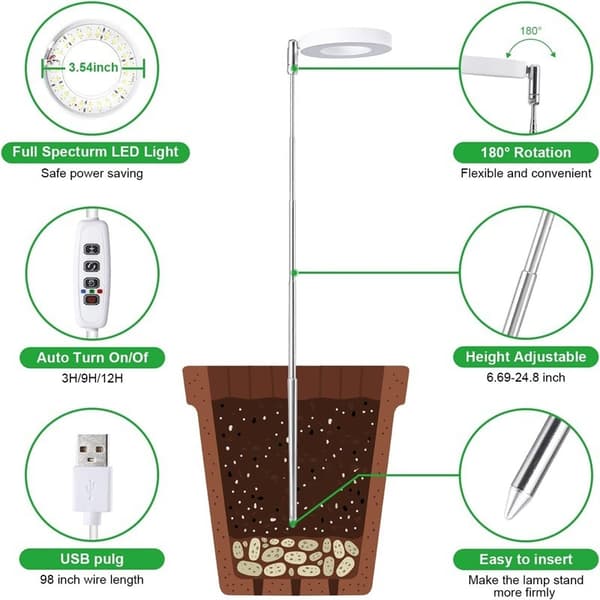 3.5-inch White Warm Light 5W Adjustable Grow Light with USB & Timer for Optimal Plant Growth 159