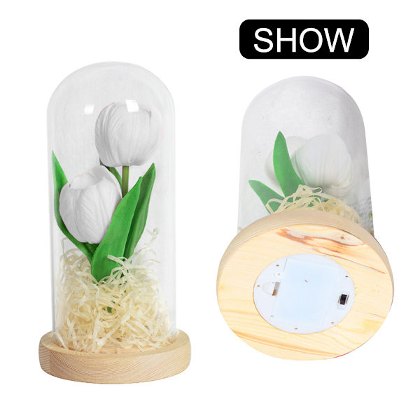 Lys opp tulipaner i glasskuppel Kunstig LED tulipan blomst nattlys til morsdag