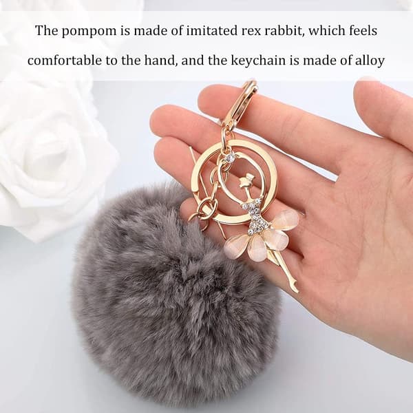 6 pcs Plush Keychains, Rhinestone with Plush Pom Pom Pendant