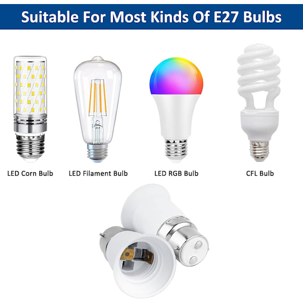 B22 til E27 Adapter Socket for Led Bulb, AC 230V, Konverteringsadaptere for å bytte fra B22 til E27, Skru inn bajonettfatning, Pakke med 6 | JUNJUN