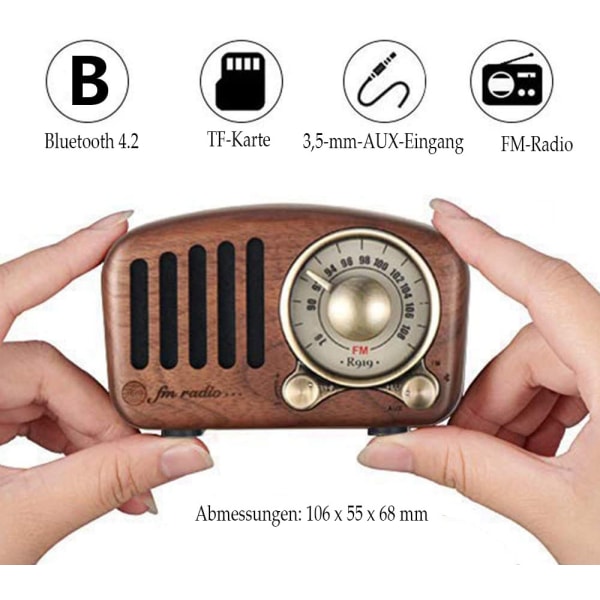 Retro-radio Bluetooth-kaiuttimella, Aooeou-radio vintage pieni pähkinäpuu klassinen FM FM SD MP3 -radio, kannettava transistoriradio voimakas basso