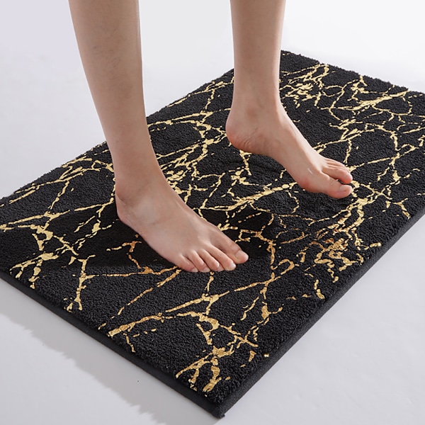Skridsikker bademåtte, vaskbar bademåtte, sort bademåtte, guld dekorativt tæppe, luksuriøst badeværelsestilbehør, blødt absorberende mikrofiber bademåtte til badekar