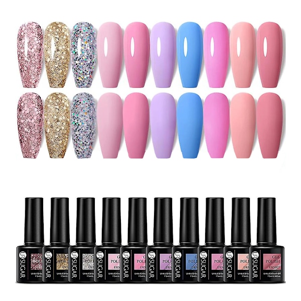 10 stk/sett Gel Neglelakk Sett Neon Rød Glitter Semi Permanent Gel Lakk Soak Off Uv Led Negler Alt For Manikyr