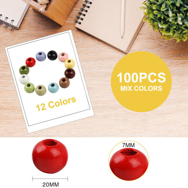 Träpärlor i bulk, 100 st 20 mm träpärlor färgglada träpärlor lösa runda bollar med 7 mm hål för konst hantverk smycken DIY