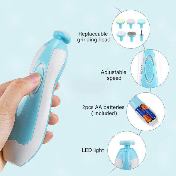 Baby Nagelfeile - Elektrisk Baby Nagelknipser med LED-Frontljus - Säker och Tyst, Baby-Nagelklippare med 6 Slipningshuvuden för Nyfödda,
