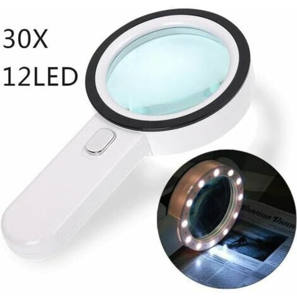 Leselupe, 12 LED Forstørrer 30X Forstørrelse