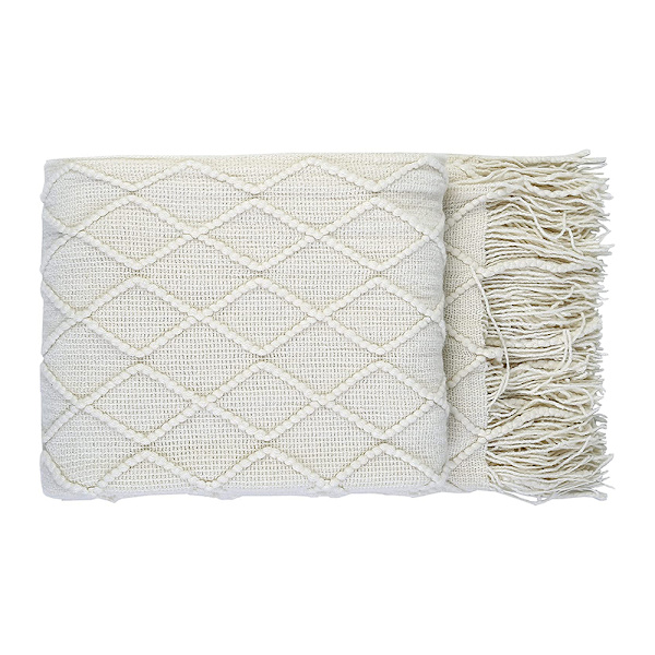 Mjuk stickad ullfilt med tofsar, gosig filt, sofffilt, sovfilt, beige 130 x 230 cm