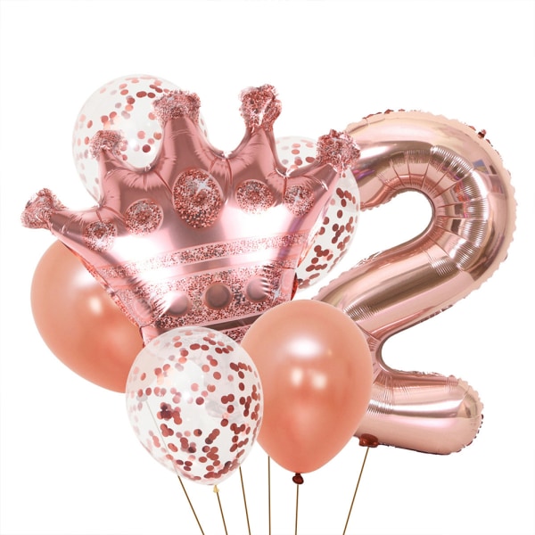 Födelsedagsdekorationer - roséguld nummerballong och kronballong,