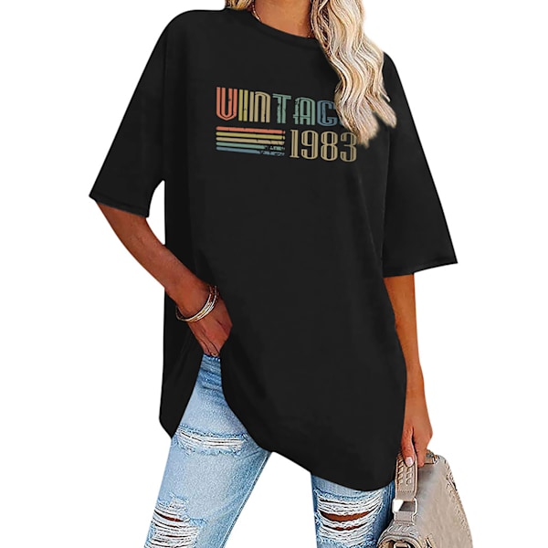 Kortärmad Tröja med Rund Hals Dam Trendig Lös Ledig Nedhasad Axel Bokstavstryck T-shirt Blus Svart S