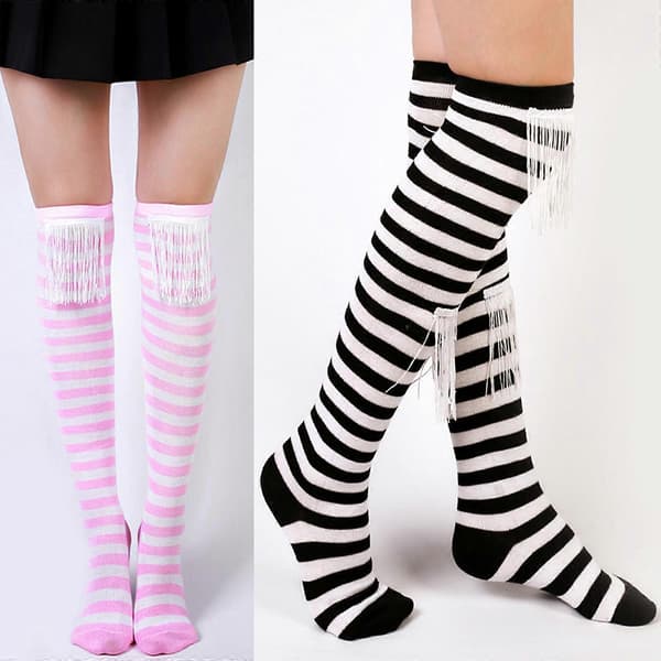 Over-knee lange strømper til kvinder og piger med kvaster, patchwork, julestribede lårhøje strømper til fest og kostume, sort Black