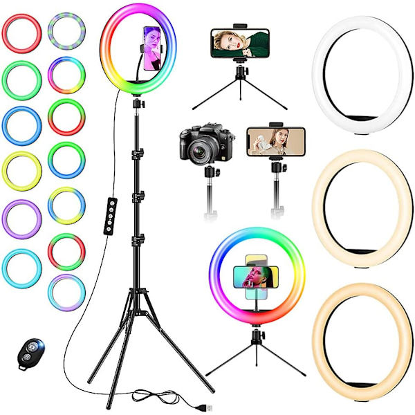 12,6 tuuman rengasvalo 74 tuuman suurella jalustalla, LED-rengasvalo 20 RGB-tilassa 13 tasoa, valokuvarengasvalo säädettävä selfie-/TIKtok-/Youtube-/Live-lähetyksiä varten