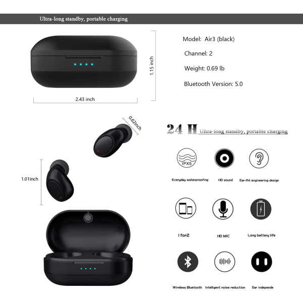 Air-3 True Wireless Earbuds Bluetooth 5.0 høretelefoner Hovedtelefoner med opladningsetui Støjreducerende øretelefoner IPX5 vandtætte stereo in-ear øretelefoner