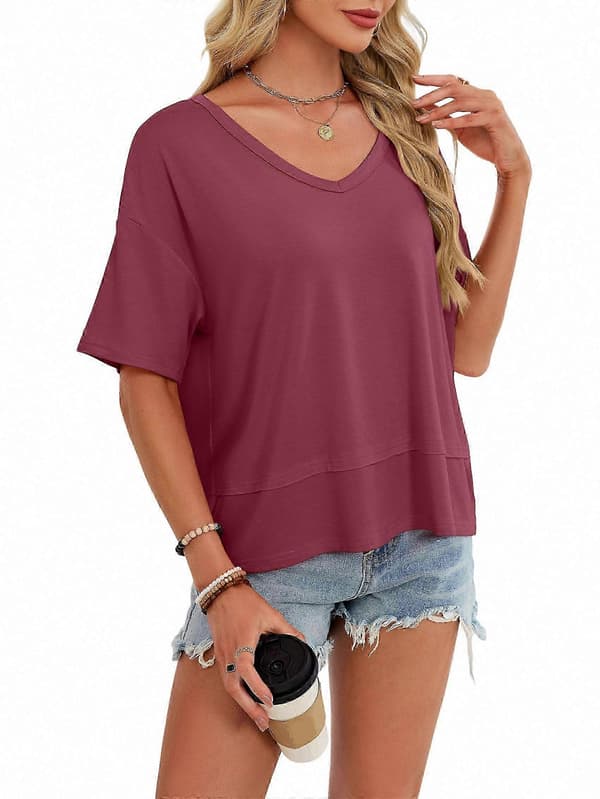 Sommer V-hals kortærmede toppe til kvinder, løse afslappede basis T-shirts i sort Wine red Xl