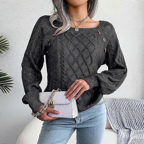 Damstickad tröja mysig tröja rea dam hösttröja snygg fast pullover rundhalsad tröja black S