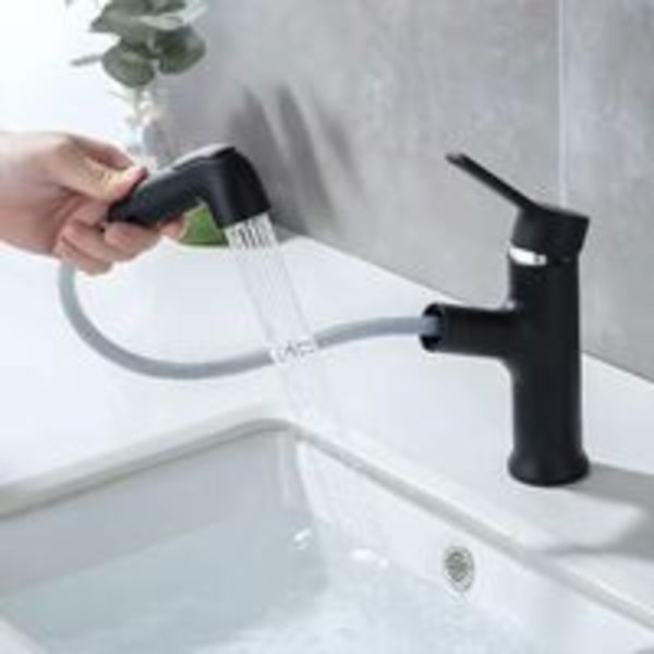 Uttagbar handfatskran, svart handtvättkran, badrumshandfatskran, enhandtags handfatskran med 2 vattenflödeslägen, kökskran, kall och