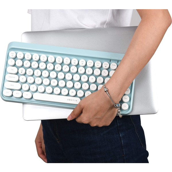 Bärbar Bluetooth Färgglada Dator Tangentbord, Trådlös Mini Kompakt Retro Skrivmaskin Flexibel 84 Tangenter Design Tangentbord (Blå-Vit)
