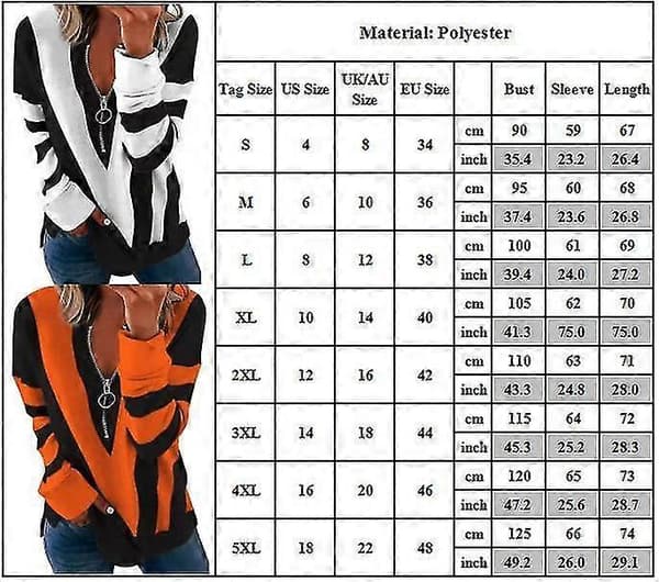 Dam Colourblock Långärmad V-ringad Dragkedja Pullover Blus, Casual Lös Passform Toppar Orange 5XL