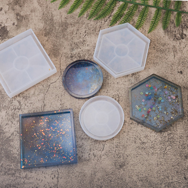 3 stk. Epoxy Resin Coaster Molds Trays Square Circle Hexagon