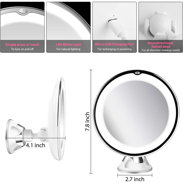 Forstørrende oplyst genopladelig sugekop makeup spejl