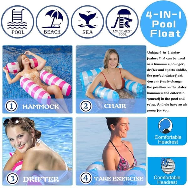 2-piece Inflatable Floating Hammock Set. 4-in-1 Inflatable Pool Hammock. Reclining Water Float with Manual Air Pump[C]