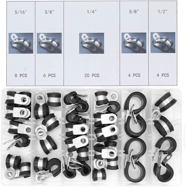 42 Pcs Cable Clamp Stainless Steel Rubber Lined P Clips Hose Pipe Clamps