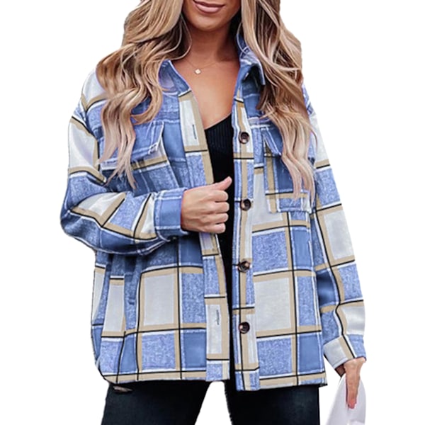 Rutig damjacka, långärmad, varm, bekväm, mjuk, ventilerande, trendig, damjacka, himmelsblå, 2XL