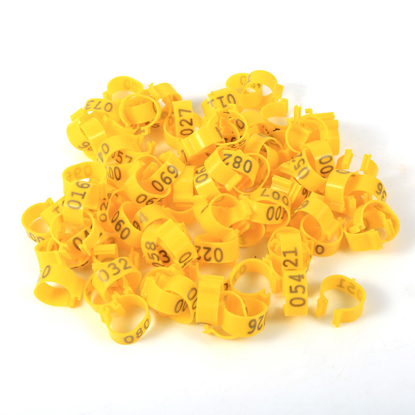 100 st/påse 16 mm 001-100 numrerade plastfjäderfä kycklingar ankor gås benband ringar (gul)