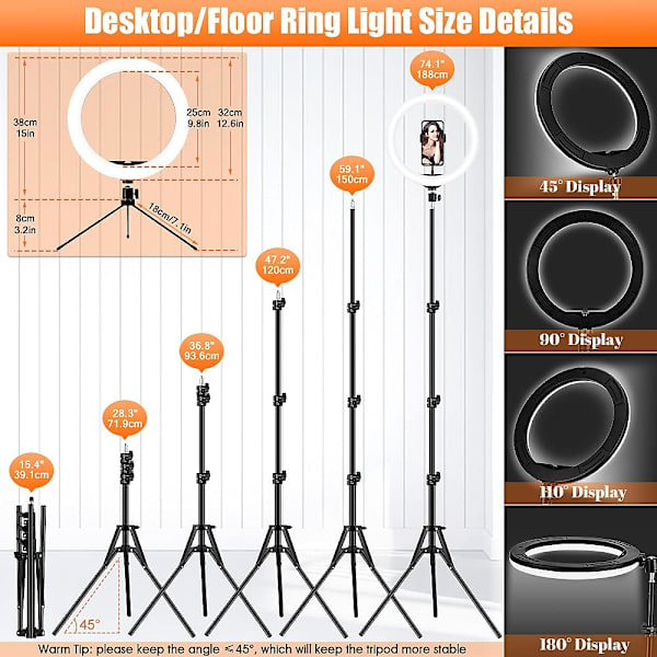 12,6'' ringlys med 74'' stort stativ, LED-ringlys med 20 RGB-modus 13 nivåer, fotoringlys justerbar for Selfie/TIKtok/Youtube/Live