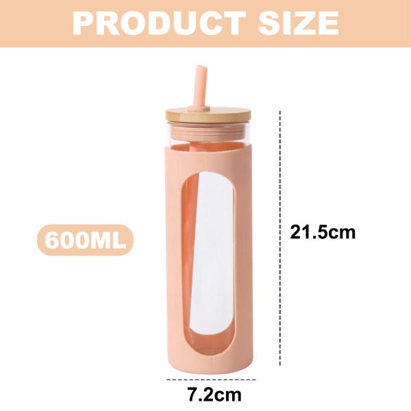 600ml glassbeholder, med bambusdeksel og sugerør, sølsikker glassflaske, med silikonbeskyttelsesdeksel, uten BPA.