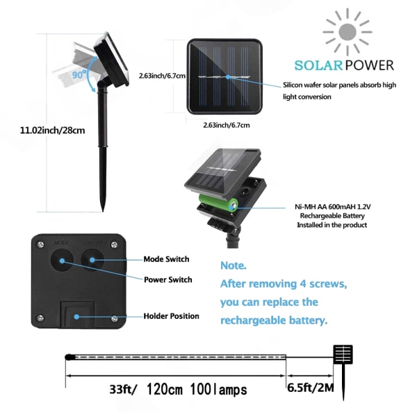 1 Pakke Solcelledrevne Lyslenker, 39ft 100LED, Hagedekorasjon Utendørs Innendørs