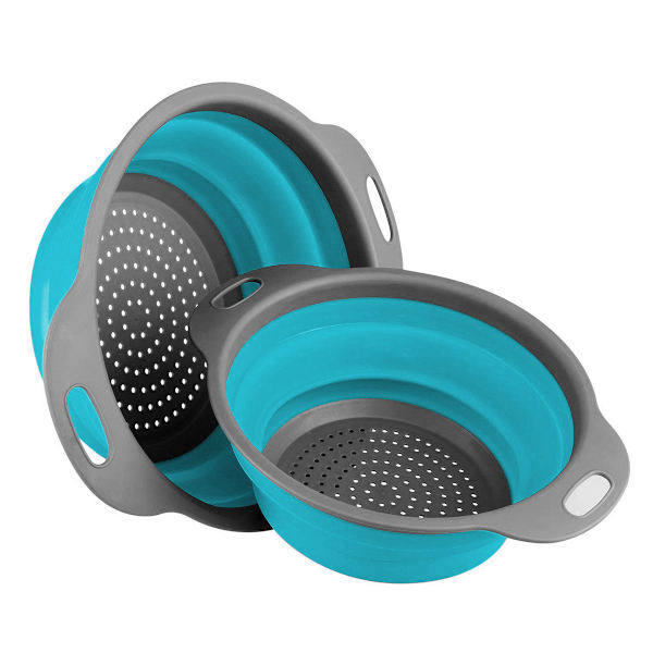 2 kpl kokoontaitettavat set - Sisältää 2 tilaa säästävää taitettavaa siivilä, koot 8" - 2 Quart ja 9,5" - 3 Quart ruokasiivilä keittiöön