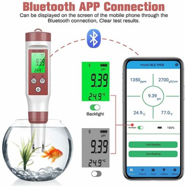 PH Tester Elektronisk Bluetooth 4-1 Meter, ATC Water Quality TesterTDS/EC/Temperature/PH(accuracy0.01), Automatisk Kalibrering Baggrundsbelyst PH Meter for
