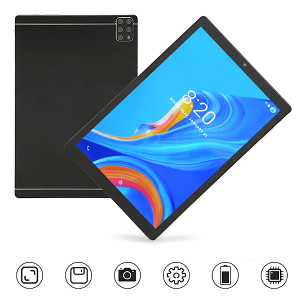 10,1-tums surfplatta för Android 12.0 5G WiFi 6GB 128GB Främre 2MP Bakre 5MP 10-kärnig CPU IPS-skärm Tablet PC 100‑240V Svart EU-kontakt