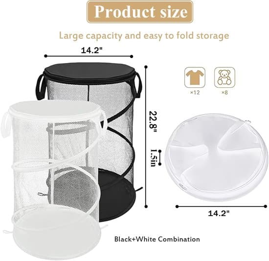 Two-Piece Set - Pop-Up Mesh Laundry Hamper - Foldable Laundry Basket - Collapsible Laundry Hamper with Handles - Black and White