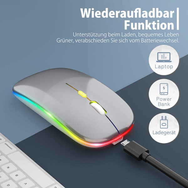 Uppdatera PC Mouse Wireless LED Uppladdningsbar Silent Wireless Mouse Gray