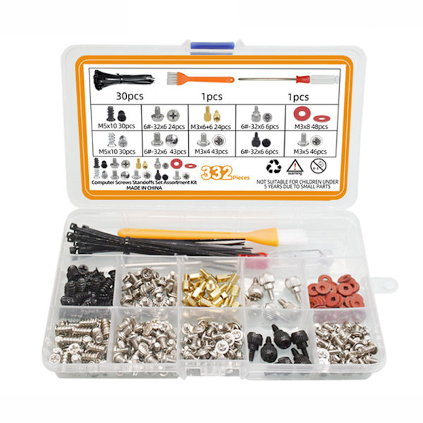 332 st personliga dators skruv distanser set PC skruv set tillbehör för moderkort, chassi, hårddisk, med mini skruvmejsel och en borste