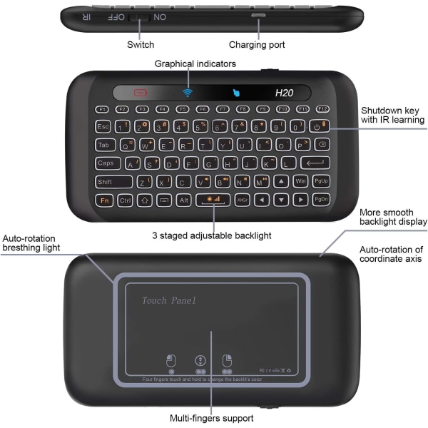 2,4Ghz H20 Mini trådløst tastatur og touchpad mus Combo, 7 farver Justerbar, genopladelig Auto-rotation af Touch Panel Håndholdt fjernbetjening til