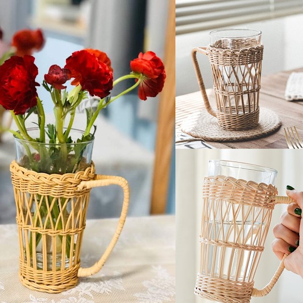 Vintage Rustik Handvävd Bambu Rotting Kopphållare Underlägg