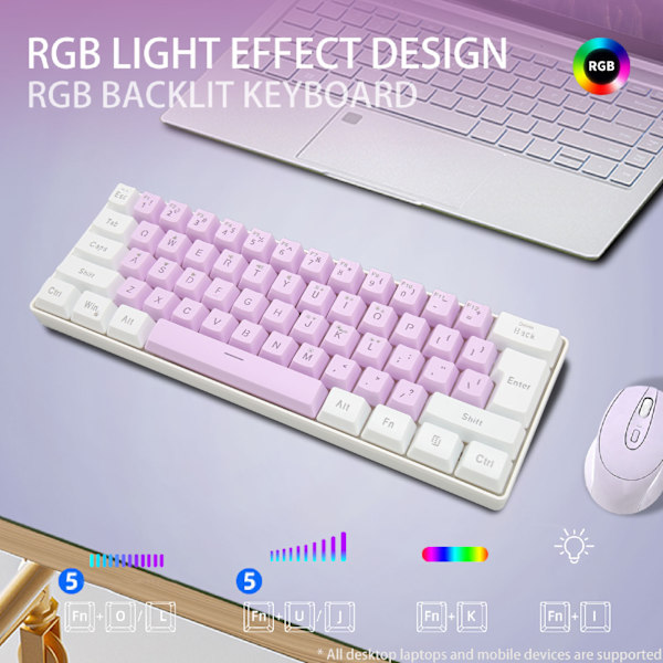 Speltangentbord USB 61 tangenter RGB bakgrundsbelyst ergonomisk kontrastfärg platsbesparande trådbundet tangentbord för stationär bärbar dator vit lila