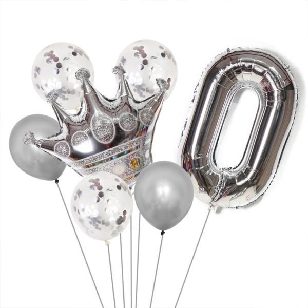 Fødselsdagspynt - nummerballon og kroneballon i sølv, C