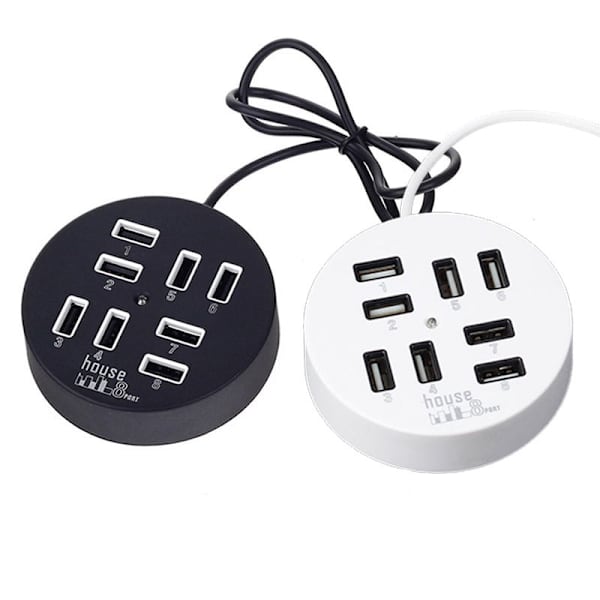 USB 8-portars låda Multi Data Transmission USB 2.0 Hub Rund form Multi-Port Splitter Laddare Adapter Ersättning med LED för USB-enheter, Telefon, USB