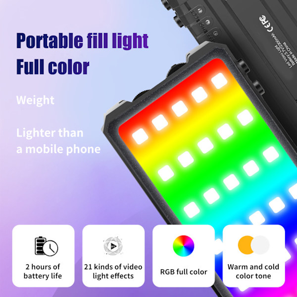 Manbily kamerafyllningsljus MFL‑02 Full Color RGB Video LED-ljus 3000K‑6500K med stativ för videofoton